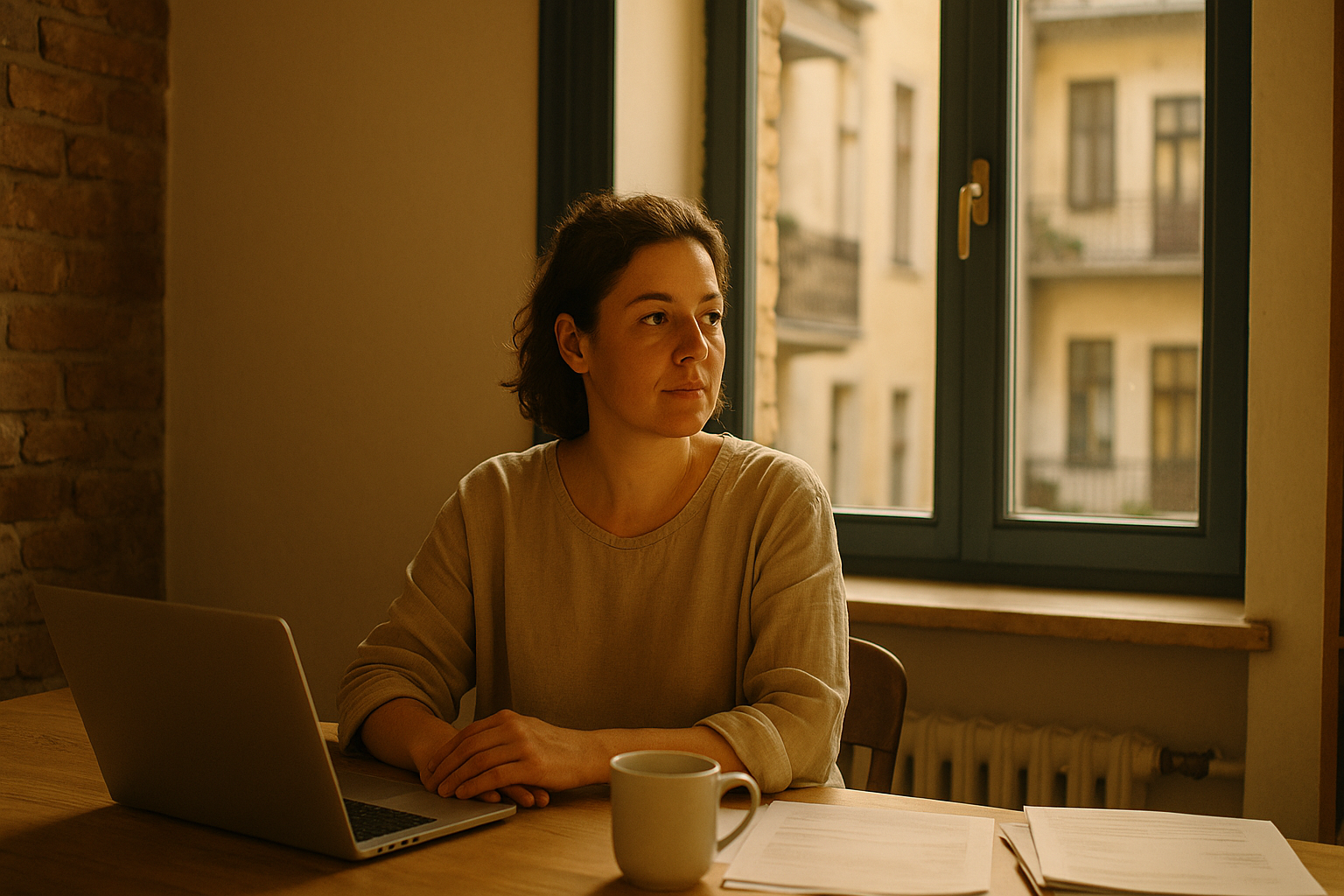 Budapesti mikrovállalkozó saját munkahelyén — laptop, természetes fény